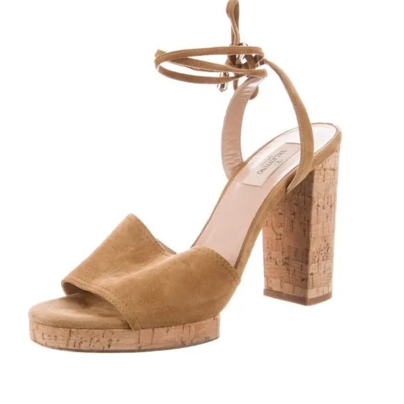 Valentino Garavani | Tan Suede and Cork Heeled Sandals EUC 10.5