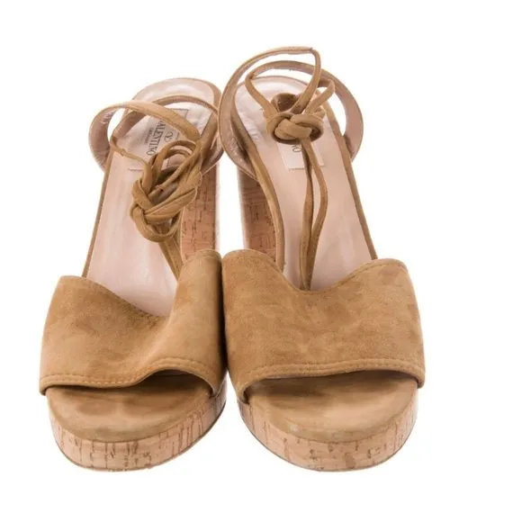 Valentino Garavani | Tan Suede and Cork Heeled Sandals EUC 10.5