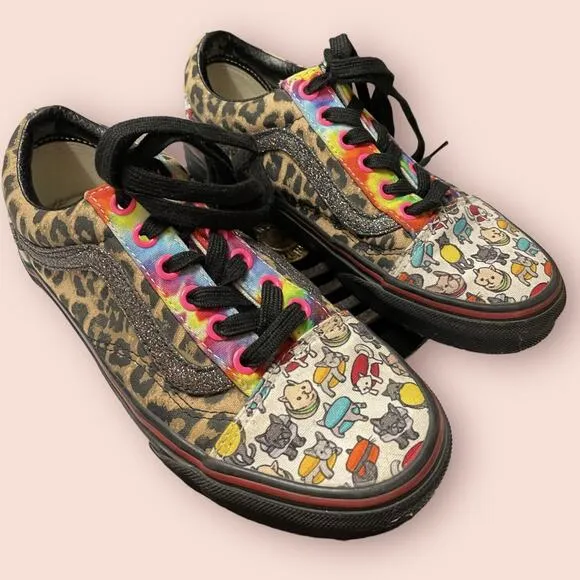Vans Lace up Custom Leopard Sparkle Kitty Womens sz 5 Sneakers Shoes