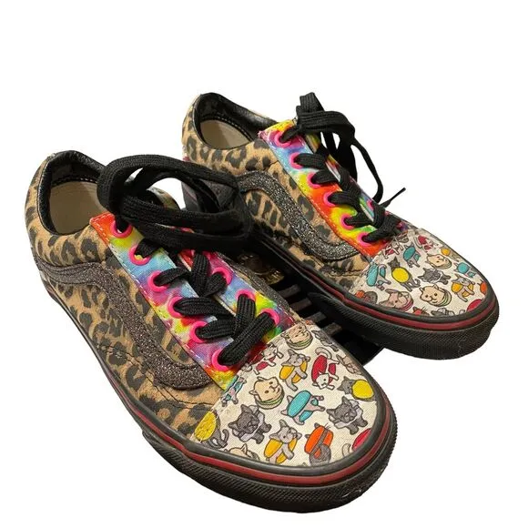 Vans Lace up Custom Leopard Sparkle Kitty Womens sz 5 Sneakers Shoes