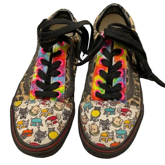 Vans Lace up Custom Leopard Sparkle Kitty Womens sz 5 Sneakers Shoes