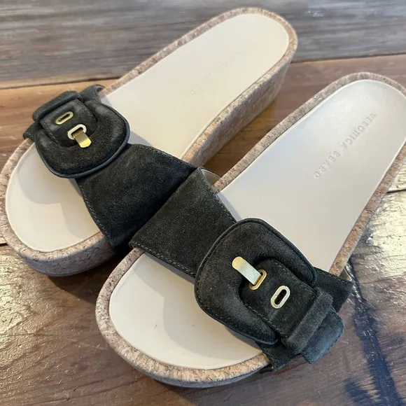 Veronica Beard Dixie Suede Platform Slide Sandals in Olive/Brown Size 8.5
