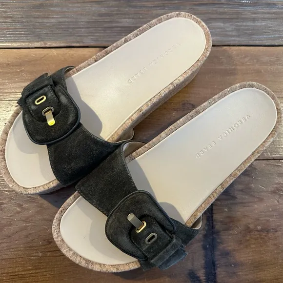 Veronica Beard Dixie Suede Platform Slide Sandals in Olive/Brown Size 8.5