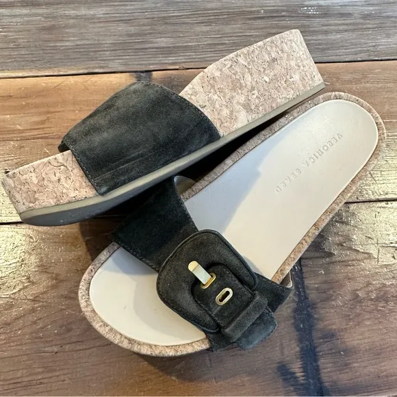 Veronica Beard Dixie Suede Platform Slide Sandals in Olive/Brown Size 8.5