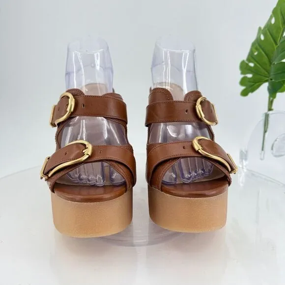Veronica Beard Garrick Chunky Leather Platform Slide Sandals Buckle Brown 10M