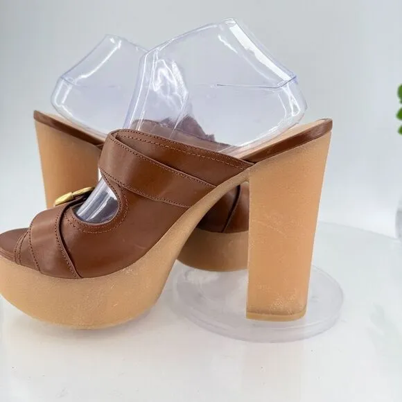 Veronica Beard Garrick Chunky Leather Platform Slide Sandals Buckle Brown 10M
