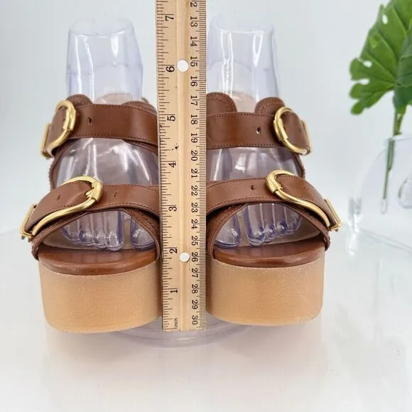 Veronica Beard Garrick Chunky Leather Platform Slide Sandals Buckle Brown 10M
