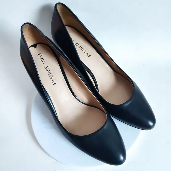 Via Spiga 3&quot; Black Leather Sole Wedge Heels Pumps Classic Office Shoes Size 9 M