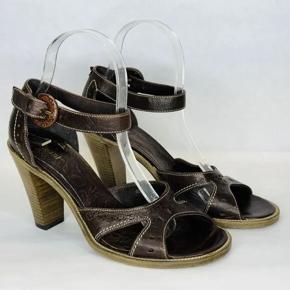 Vic Matie Ankle Strap Sandals Block Heel Size 36 Brown Leather Strappy BOHO