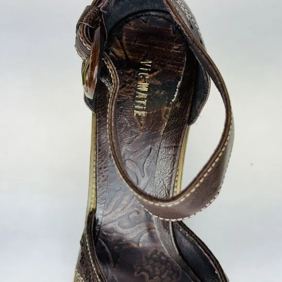 Vic Matie Ankle Strap Sandals Block Heel Size 36 Brown Leather Strappy BOHO
