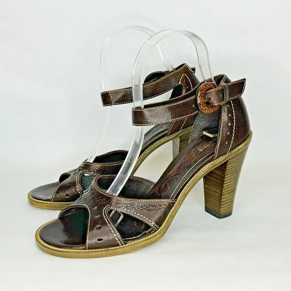 Vic Matie Ankle Strap Sandals Block Heel Size 36 Brown Leather Strappy BOHO