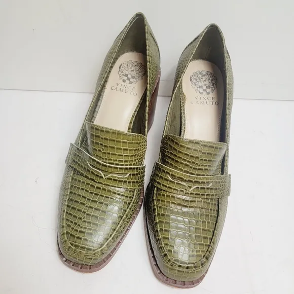 Vince Camuto Carigina Grren Croc Embossed Chunky Heel 90s Inspo Loafer Size 9.5