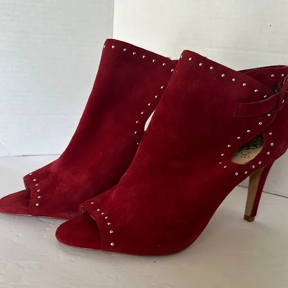 Vince Camuto Red Suede Studded Peep Toe Stiletto Booties - Size 9M