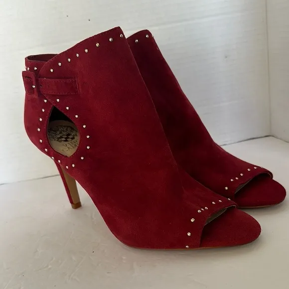 Vince Camuto Red Suede Studded Peep Toe Stiletto Booties - Size 9M