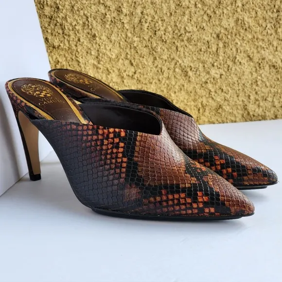 Vince Camuto Women's Bridget Animal Print Pointed Toe Leather Mules Size 6