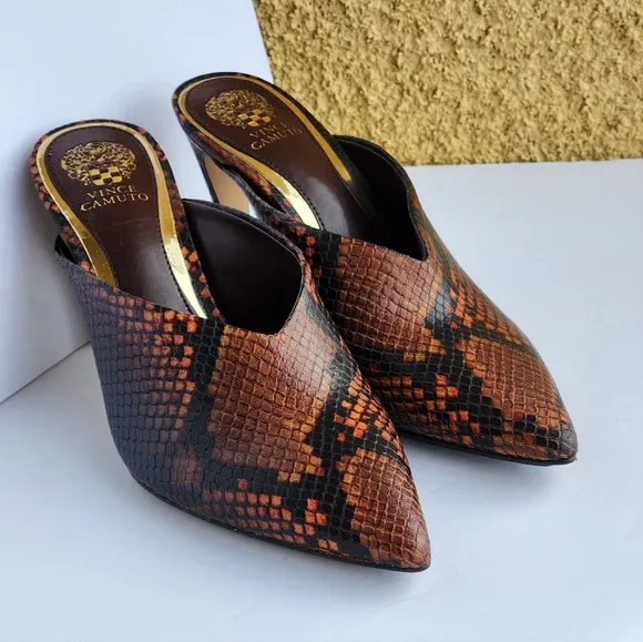 Vince Camuto Women's Bridget Animal Print Pointed Toe Leather Mules Size 6