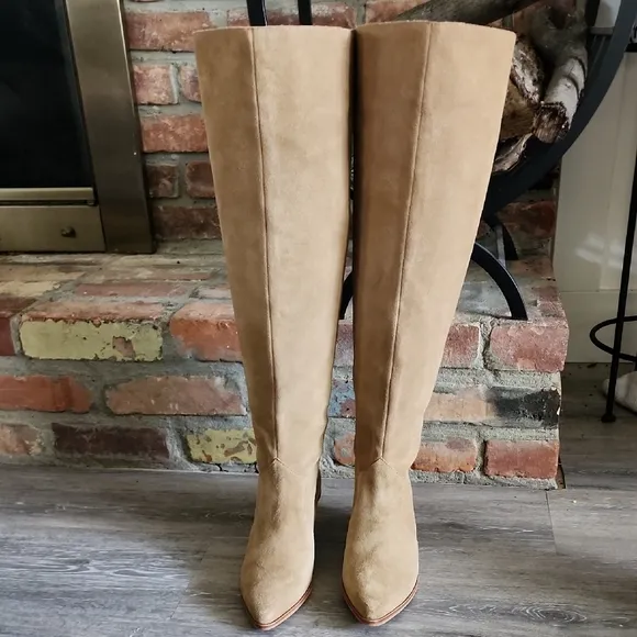 Vince Camuto Womens Heeled Leather  Suede Over the Knee Suede Boots Tan Sz 6.5M