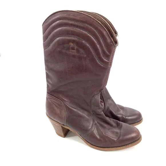 Vintage 1970s Dexter Leather Heeled Cowboy Boots 8.5 M Womens Dark Brown