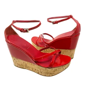 Vintage 1990's PRADA Sz 39.5 Red Patent Leather &amp; Cork Platform Wedge Sandals