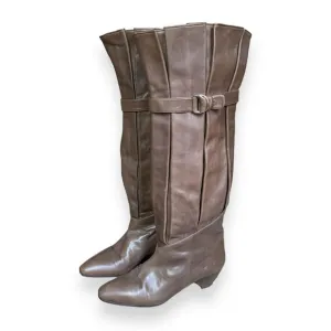 Vintage 70s avant garde mod olive brown leather slouch pleated boots size 38.5
