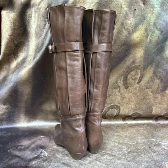 Vintage 70s avant garde mod olive brown leather slouch pleated boots size 38.5