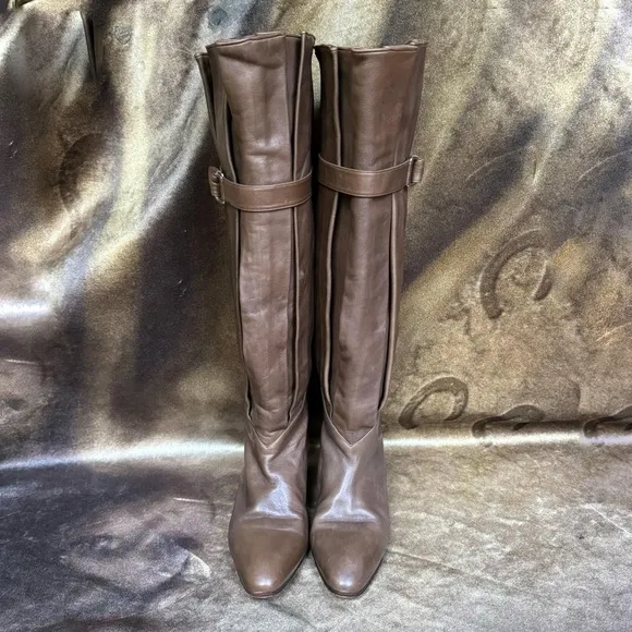 Vintage 70s avant garde mod olive brown leather slouch pleated boots size 38.5