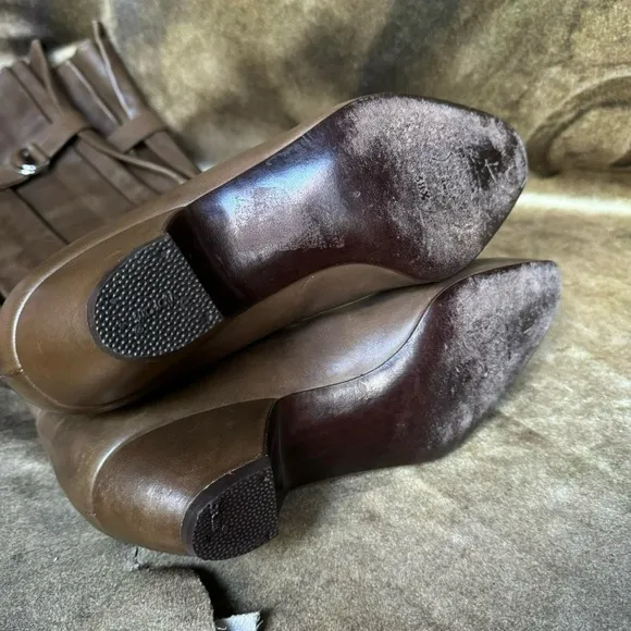 Vintage 70s avant garde mod olive brown leather slouch pleated boots size 38.5