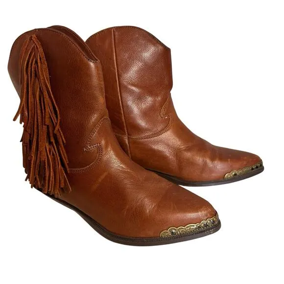 Vintage 70’s Zodiac Fringe Boots Cognac Leather Ankle Cowgirl Festival Western
