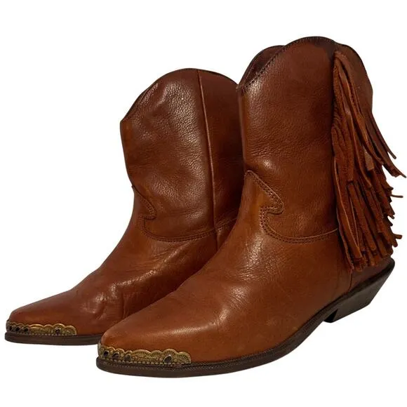 Vintage 70’s Zodiac Fringe Boots Cognac Leather Ankle Cowgirl Festival Western
