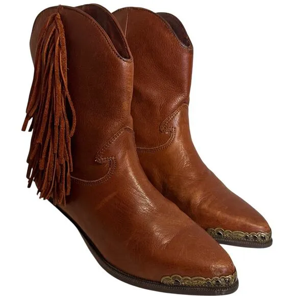 Vintage 70’s Zodiac Fringe Boots Cognac Leather Ankle Cowgirl Festival Western