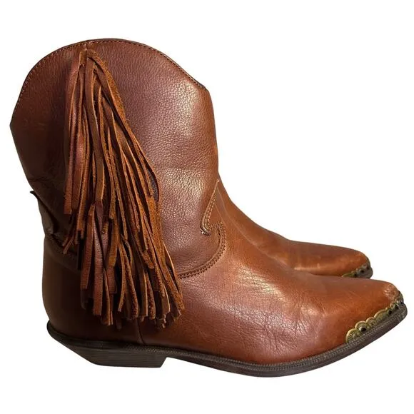 Vintage 70’s Zodiac Fringe Boots Cognac Leather Ankle Cowgirl Festival Western
