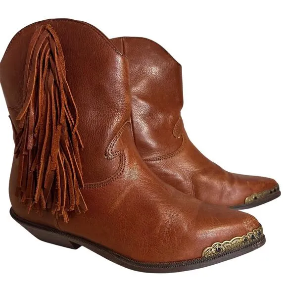 Vintage 70’s Zodiac Fringe Boots Cognac Leather Ankle Cowgirl Festival Western