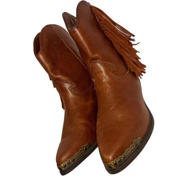Vintage 70’s Zodiac Fringe Boots Cognac Leather Ankle Cowgirl Festival Western