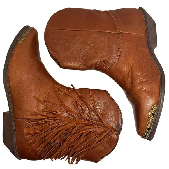 Vintage 70’s Zodiac Fringe Boots Cognac Leather Ankle Cowgirl Festival Western