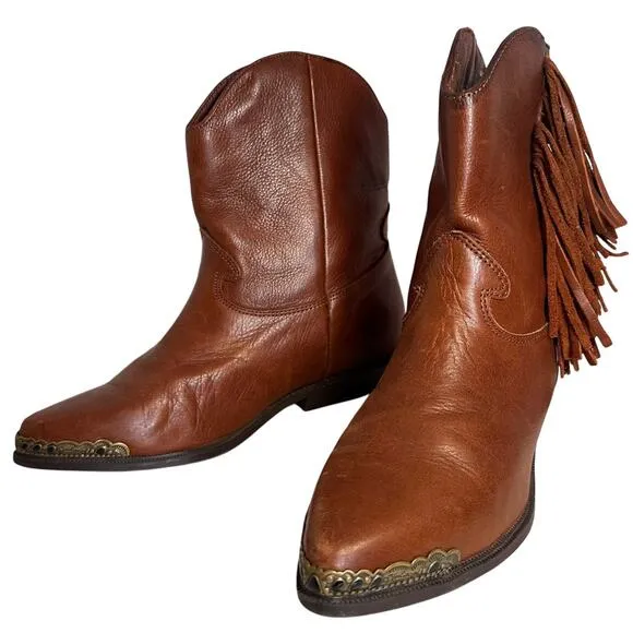 Vintage 70’s Zodiac Fringe Boots Cognac Leather Ankle Cowgirl Festival Western