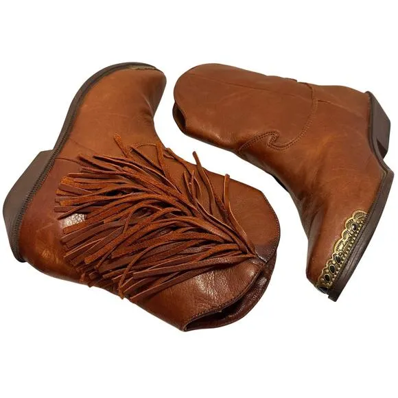 Vintage 70’s Zodiac Fringe Boots Cognac Leather Ankle Cowgirl Festival Western