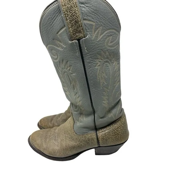 Vintage 80's Bona Allen Tooled Gray Leather Western Cowboy Boots Men's 9.5 D