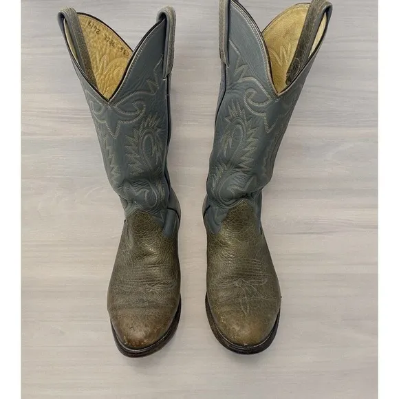 Vintage 80's Bona Allen Tooled Gray Leather Western Cowboy Boots Men's 9.5 D