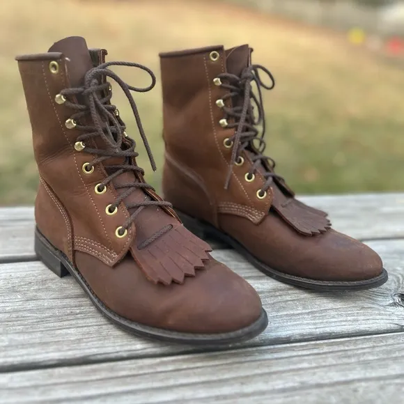 Vintage 80s brown leather kiltie Laceup heritage western boho ankle boots 8.5