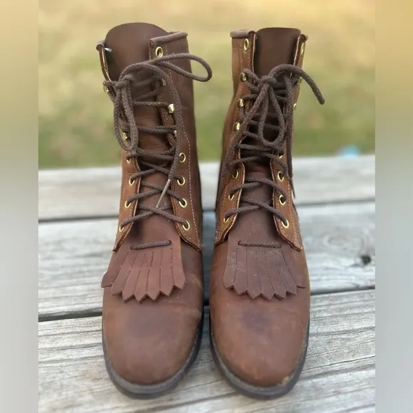 Vintage 80s brown leather kiltie Laceup heritage western boho ankle boots 8.5