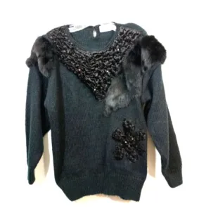 Vintage 80s Carducci velvet rhinestone rabbit fur sweater L