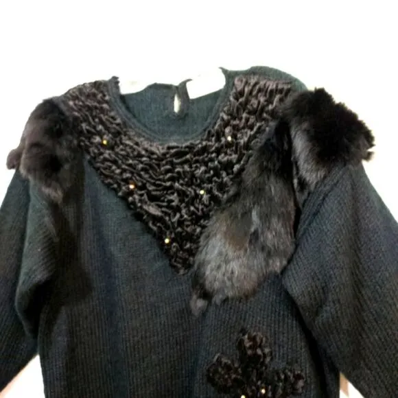Vintage 80s Carducci velvet rhinestone rabbit fur sweater L