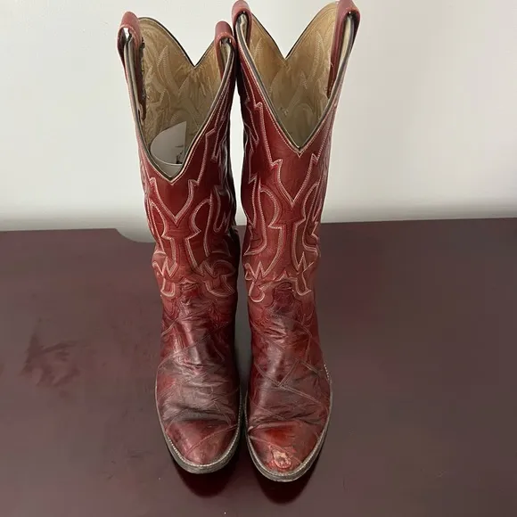 Vintage 80s - Dan Post Eel Skin Leather Cowboy Boots - Brown Burgundy - 9.5 D