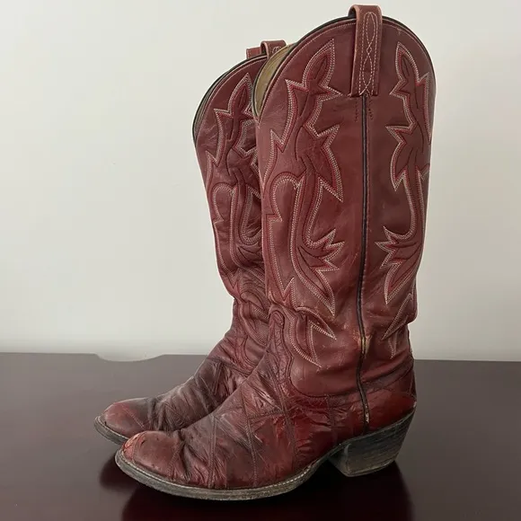 Vintage 80s - Dan Post Eel Skin Leather Cowboy Boots - Brown Burgundy - 9.5 D