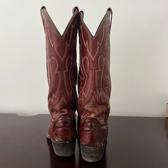 Vintage 80s - Dan Post Eel Skin Leather Cowboy Boots - Brown Burgundy - 9.5 D