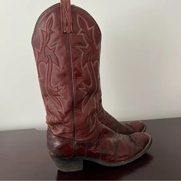 Vintage 80s - Dan Post Eel Skin Leather Cowboy Boots - Brown Burgundy - 9.5 D