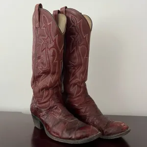Vintage 80s - Dan Post Eel Skin Leather Cowboy Boots - Brown Burgundy - 9.5 D