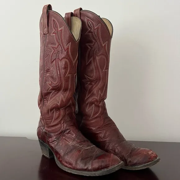 Vintage 80s - Dan Post Eel Skin Leather Cowboy Boots - Brown Burgundy - 9.5 D