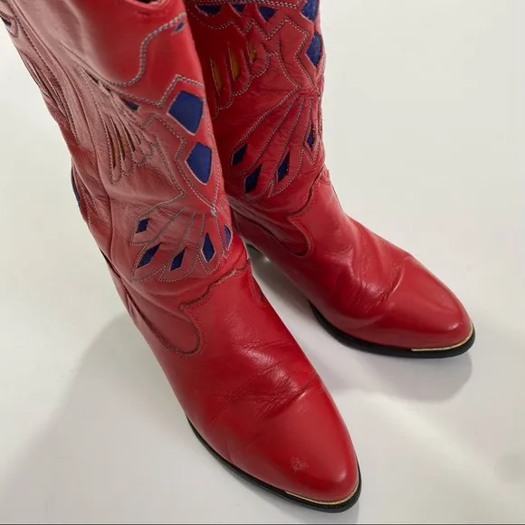 Vintage 80s Dingo Red leather western cutout stitching eagle boots