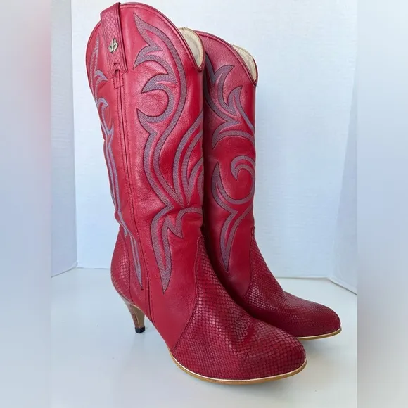 Vintage 80s Jeenz Bootz Red Leather Heel Cowboy Cowgirl Boots Size 7.5 *Flaws